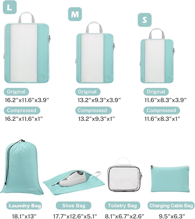 Gonex 8 Set Compression Packing Cubes for Travel, Expandable Mesh Packing Organizer for Travel Accessories Essentials with To