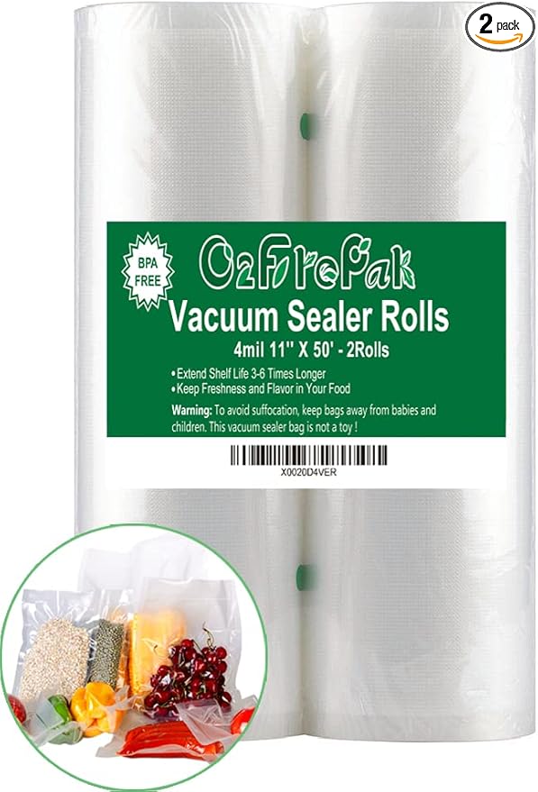 O2frepak 2Pack 11"x50' Rolls 4mil Vacuum Sealer Bags Rolls with BPA Free,Heavy Duty Vacuum Sealer Storage Bags Rolls,Cut to S