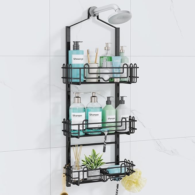Consumest Shower Caddy Hanging – Rustproof Over Shower Head Hanger with Soap Holder and Hooks, Anti-Slip Shower Shelves for S