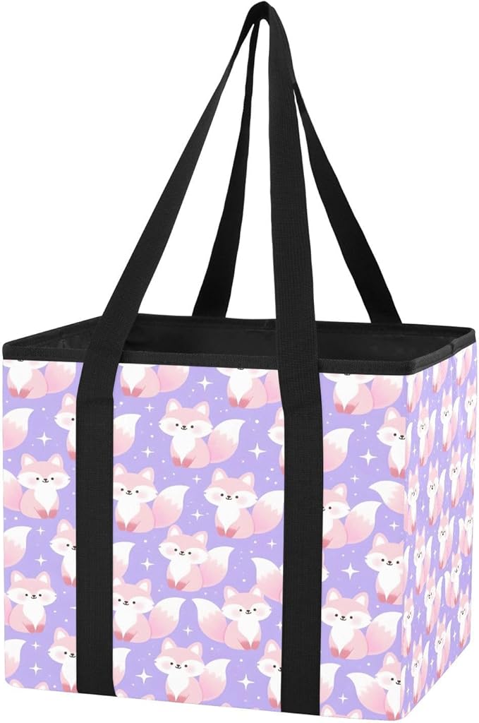 Cute Fox Purple Reusable Grocery Bags Large Shopping Tote Bag with Reinforced Bottom Board, Water Resistant Foldable Storage 
