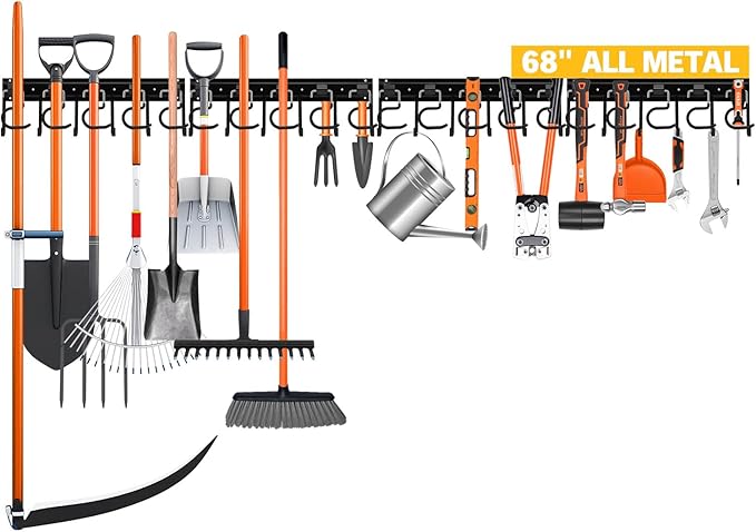 ELEAD 68'' All Metal Adjustable Garden Tool Organizer: Garage Tool Organizer Wall Mount with Black Hooks, Garage Organizers a