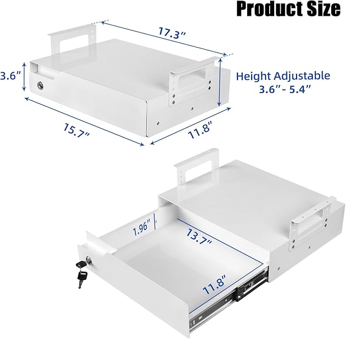 16 inch Under Desk Mounted Drawer with Tall Brackets Height Adjustable Pull Out Drawer Covered with Lock Secure for Office De
