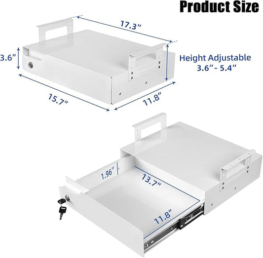 16 inch Under Desk Mounted Drawer with Tall Brackets Height Adjustable Pull Out Drawer Covered with Lock Secure for Office De