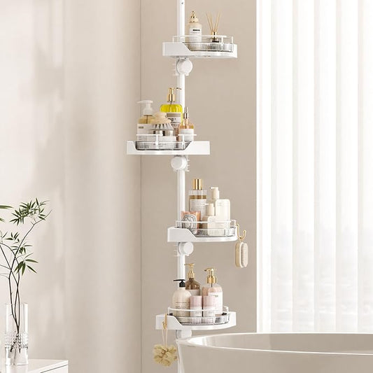 Shower Caddy Tension Pole with 4 L-Lazy Susan Organizer 360 Rotating 35-128 Inch No Drilling Floor Standing Shelves Adjustabl