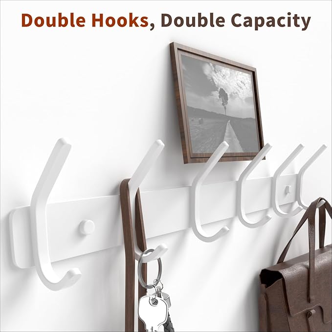 GWAAZXGZ Coat Rack Wall Mount Hooks - 15 Inch Matte White Metal 6-Hook Organizer Wall Mounted, Modern Kids Room, Entryway & B
