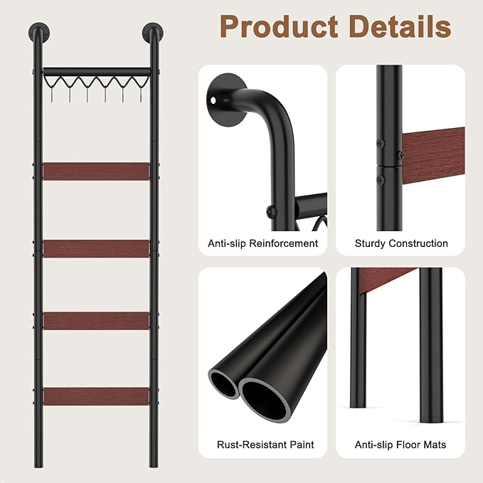 Wooden Blanket Ladder, Wall-Leaning Blanket Rack, 5 Tier Ladder Shelf, 5.6 ft Blanket Holder, Decorative Display Ladder Shelf