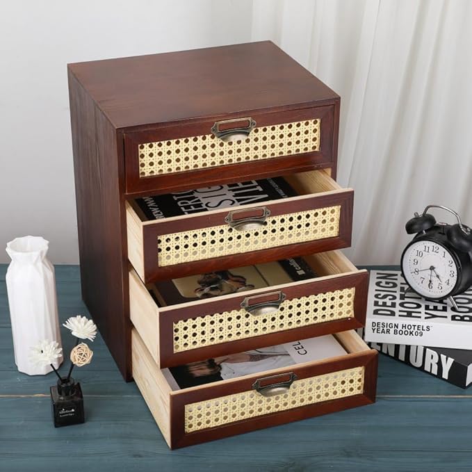 Large Wooden Storage Box with Drawers (Boho Apothecary Cabinet, Rattan Frame, Brown)