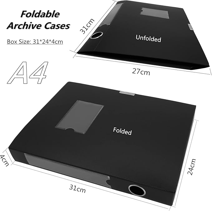 Foldable A4 Document Box with Lid, Pack of 3 Plastic Archive Cases, 31x24x4cm, File Folder Organizer Document Storage File Bo