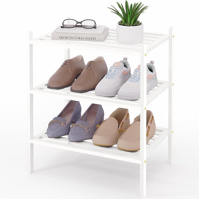 Smiry Small Bamboo Shoe Rack 3-Tier, Stackable Wooden Shoe Organizer for Entryway & Closet, Free Standing Wood Shoe Storage S