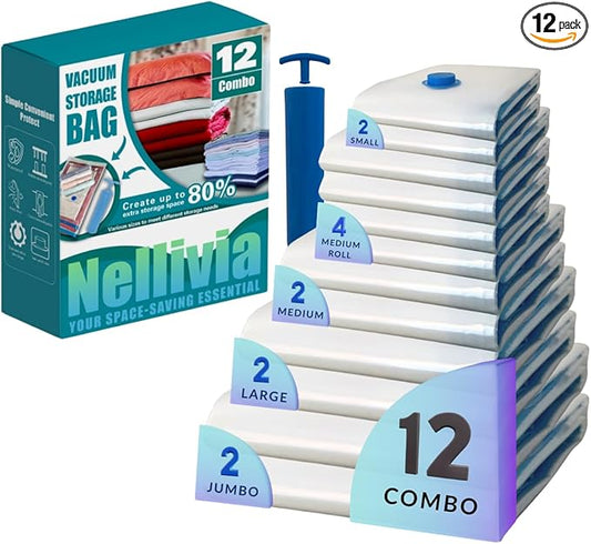 12 Pack Vacuum Storage Bags with Hand Pump, Compression Space Saver for Comforter, Bedding, Blanket Storage, Vacuum Seal Bags