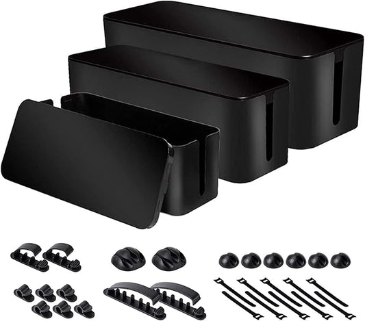 Cable Organizer Box Set of Three, Power Cover Cord Holder Surge Protector for Desk (Black)