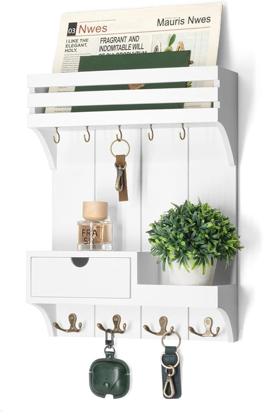 Rebee Vision Decorative Key Holder Wall Mount for Home Decor - Stylish Mail Organizer with 9 Key Hooks and Mini Drawer Organi