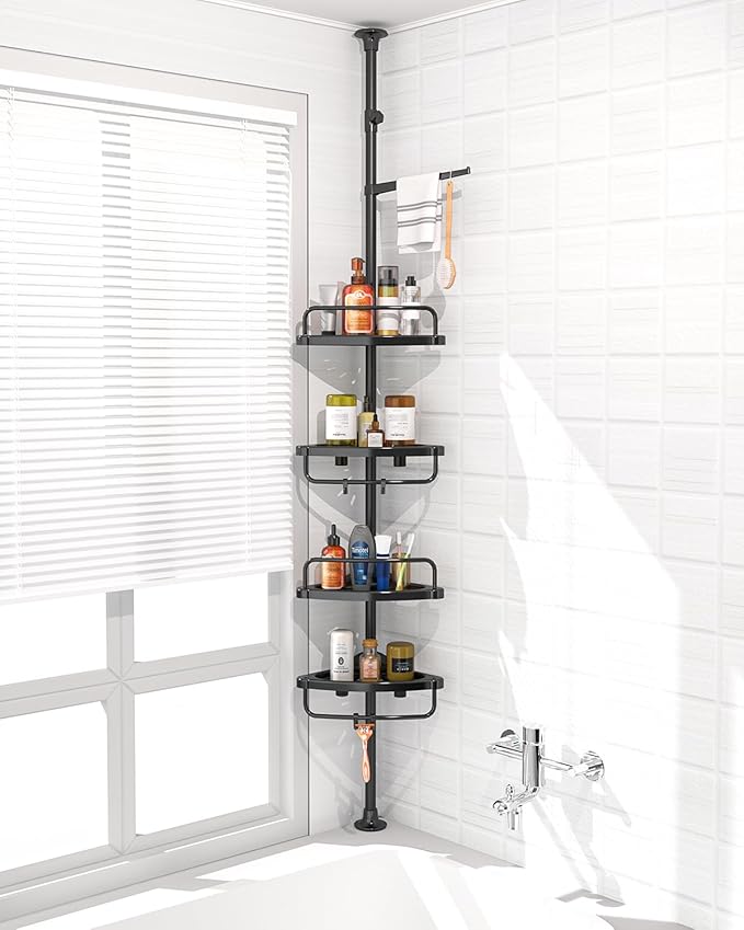 ADOVEL 4 Layer Corner Shower Caddy, Stainless Steel Constant Tension Pole Shower Organizer, Adjustable Corner Shower Shelf, R