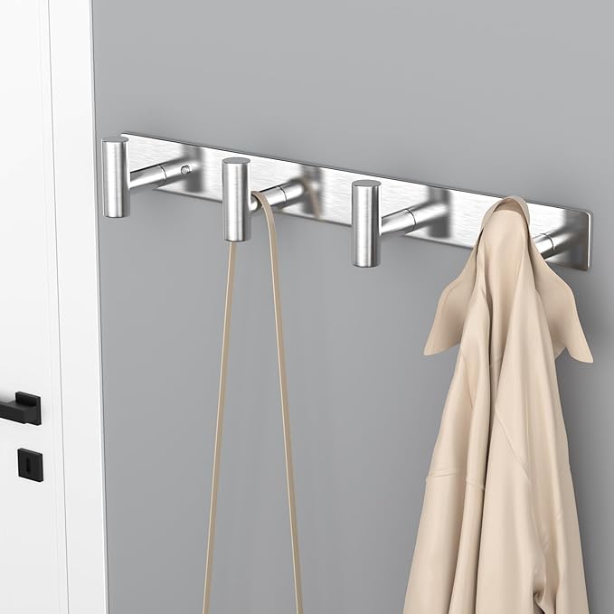 VAEHOLD 1PACK Hat and Coat Wall Mount Rack - 4 Hooks for Robes, Bags, Keys, and Towels - Bathroom Towel Hanger Organizer -Sil