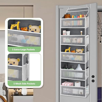 Over The Door Storage Organizer with 5 Extra Large Pockets & Side Mesh Pouches, Hanging Closet Door Organizer for Bedroom, Pa