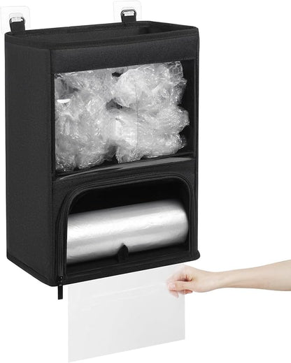 2-in-1 Plastic Bag Holder with Clear Window, Large Grocery Bag Holder and Trash Bag Dispenser with Easy-Access Openings, Plastic Bag Organizer for Kitchen RV Cabinet Wall Mounted (Black）