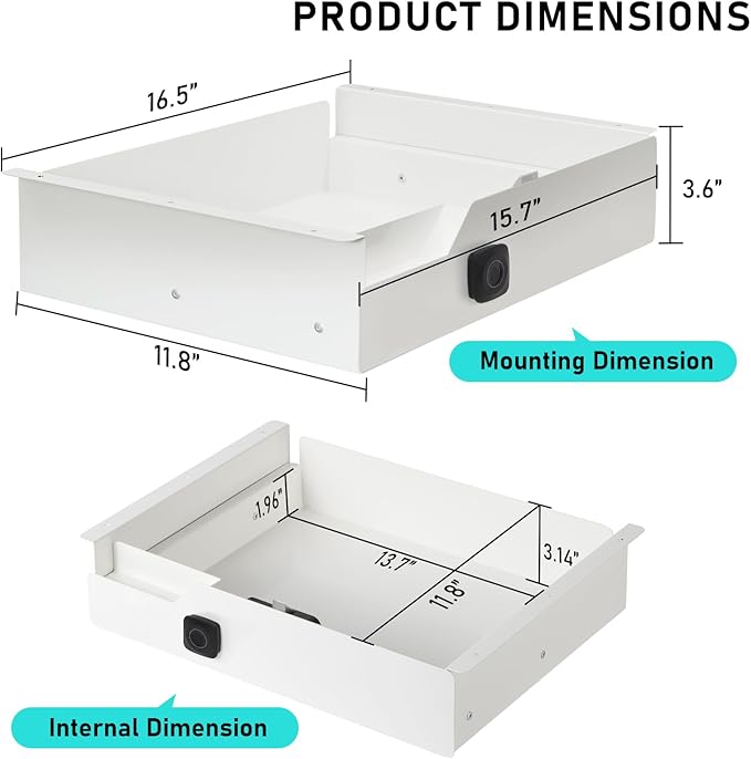 Under Desk Drawer Storage with Lock, 16"x11.8"x3.6", Metal Undermount Table Drawer, Ball Bearing Slides Out Tray Organizer fo