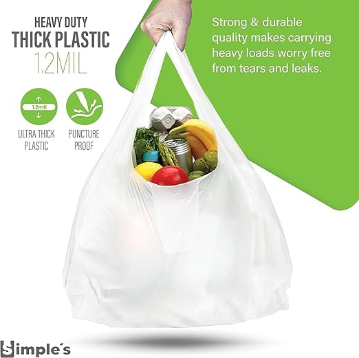 Simple's Plastic Shopping Bags In Bulk (12 Pack With 80 Bags Each) Heavy Duty Grocery bags with Handles For Business, T Shirt Bags, Bag Dispenser Roll - Measures 12"x7"x22", 1.2 Mil Thickness