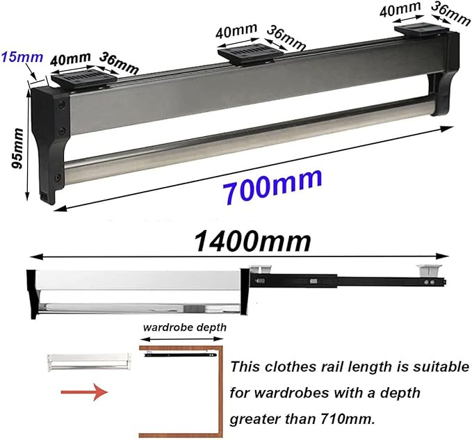 Pull Out Clothes Rail Extendable Pull Out Closet Rod - Wardrobe Pull-Out Trousers Rack, 30-60Cm Pull-Out Closet Rod, Wardrobe