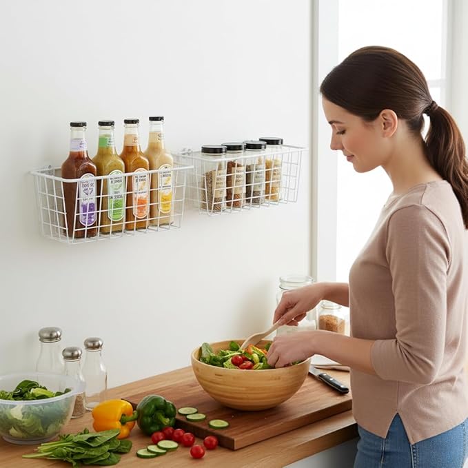 2 Set LeleCAT Hanging Wall Basket Organizer Over the Cabinet Door Adhesive Wire Baskets for Organizing Kitchen Food Pantry Ba