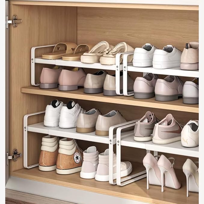Expandable 1-Tier Metal Shoe Rack (H:10"), Adjustable Width 14.9"-23.6", Heavy-Duty Stackable Free-Standing Shoe Shelf for Cl