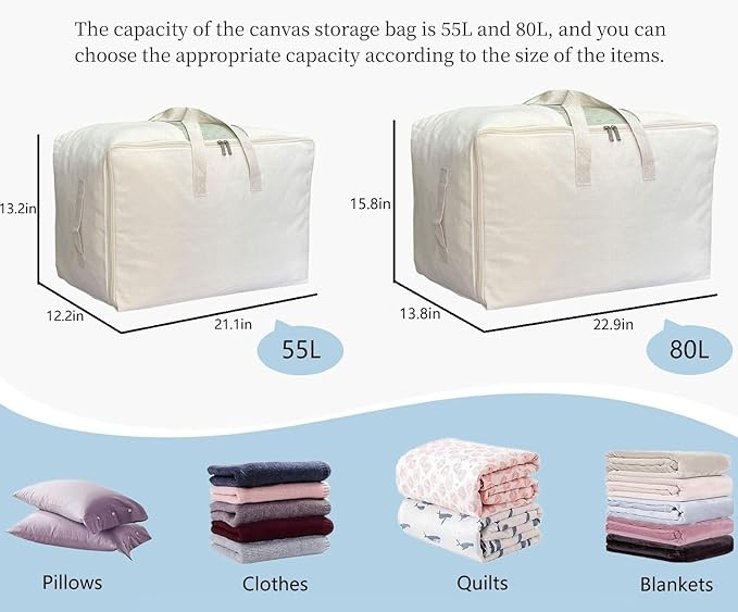 Soft Canvas Clothes Storage Bags with Four Carrying Handles and Clear Window, Closet Organizer for Clothing, Blankets Sheets 