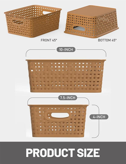 WYT 6-Pack Plastic Small Shelf Storage Weave Baskets Organizing for Cabinets and Pantries, Light Brown