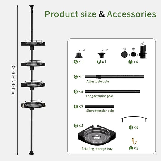 360° Rotating Shower Caddy Tension Pole, 4 Tiers Corner Shower Organizer for Bathroom Shelf Bathtub, Adjustable Standing Show
