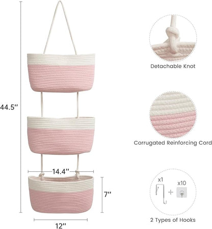 TeoKJ Over the Door Hanging Basket, 3-Tier Woven Cotton Wall-Mounted Storage Organizer Bag Decorative Hanging Nursery Baskets