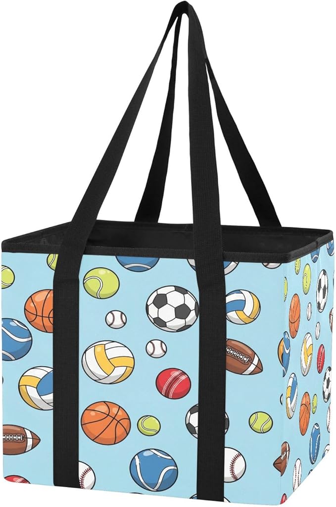 Sports Balls Pattern Reusable Grocery Bags Large Shopping Tote Bag with Reinforced Bottom Board, Water Resistant Foldable Sto