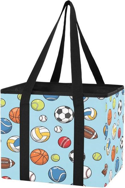 Sports Balls Pattern Reusable Grocery Bags Large Shopping Tote Bag with Reinforced Bottom Board, Water Resistant Foldable Sto