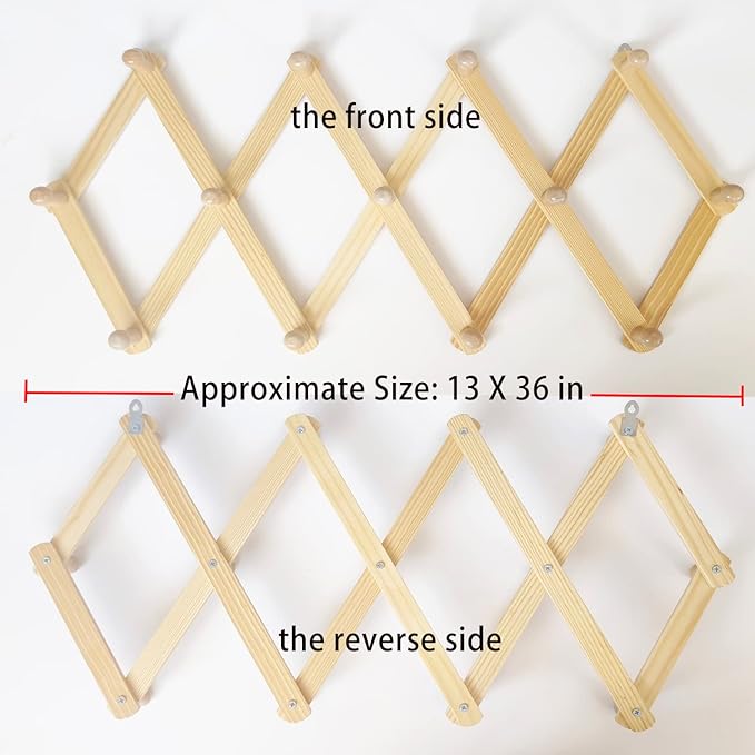 AMAPON Accordion Style Expandable Wall Wooden Coat Rack 13 Hooks (Pegs) Hang Hats Jackets Coffee Mug Purses Necklaces Towels 