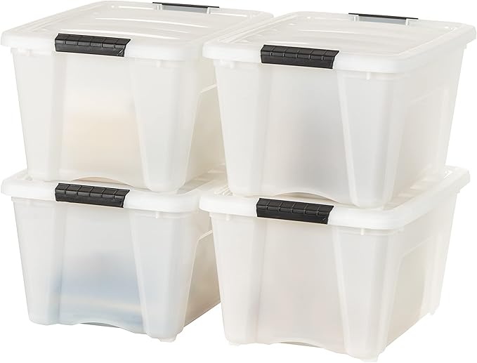 IRIS USA 32 Qt Stackable Plastic Storage Bins with Lids, 4 Pack - BPA-Free, Made in USA - Discreet Organizing Solution, Latch