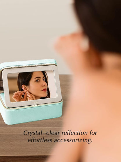 Velvet Travel Jewelry Box with Large Mirror, Double-Layer Jewelry Organizer Case for Women and Girls, Portable Storage Case w