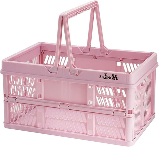 Pink crates for storage,plastic baskets for organizing,14.96" x9.84"x 7.87" collapsible shopping basket,20L foldable crate wi