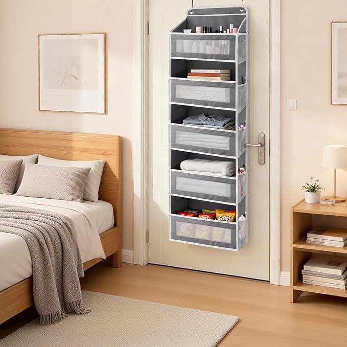 Over The Door Storage Organizer with 5 Extra Large Pockets & Side Mesh Pouches, Hanging Closet Door Organizer for Bedroom, Pa