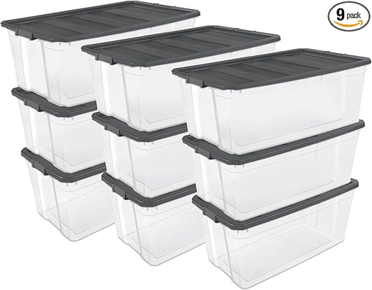 Sterilite 9-Pack Modular Stacker Box, Durable Clear Plastic Storage Bins with Latching Lids, 200 Quart - Stackable Organizing
