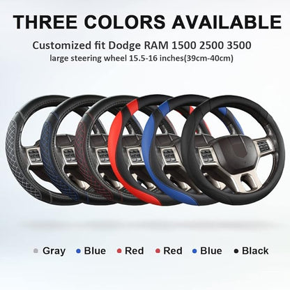 West Llama Customized Auto Car Steering Wheel Cover for Dodge RAM 1500 2500 3500, 15.5-16 inch (Black+Blue-Large Size)