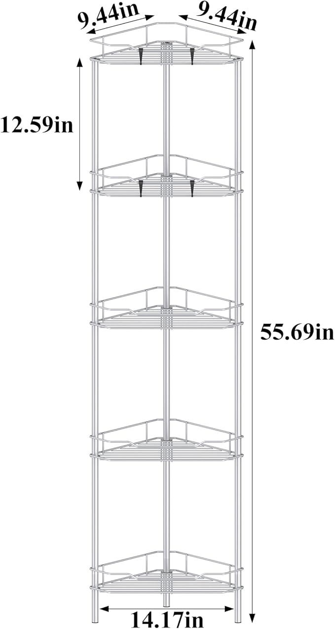 HuggieGems 5 Tier Floor Standing Corner Shower Caddy Organizer Shelf with Hooks, Bathroom Shelves Stand Rack, Silver