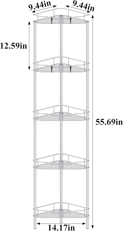 HuggieGems 5 Tier Floor Standing Corner Shower Caddy Organizer Shelf with Hooks, Bathroom Shelves Stand Rack, Silver