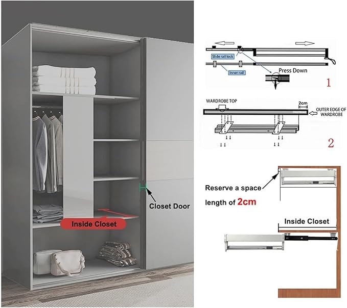 Pull Out Clothes Rail Sliding Wardrobe Closet Rod - Heavy Duty Extendable Pull Out Closet Rod, Extendable Clothes Rail, Exten