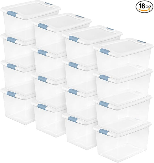 Sterilite 16 Pack Latching Box, 64 Qt Plastic Storage Container, Stackable Large Home or Office Tote Organizers with Secure L