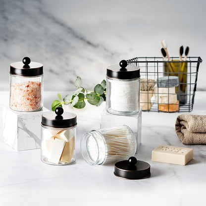 Amolliar 4Pc Apothecary Jars Bathroom Vanity Storage Organizer-Countertop Canister & Stainless Steel Lids &Cute Stickers -Qti