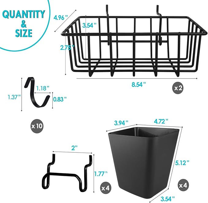 G.CORE Pegboard Bins Baskets Organizer with Peg Board Hooks Cups - 16 Pack Peg Accessories Fit 1/8" & 1/4" Pegs - Black Holde