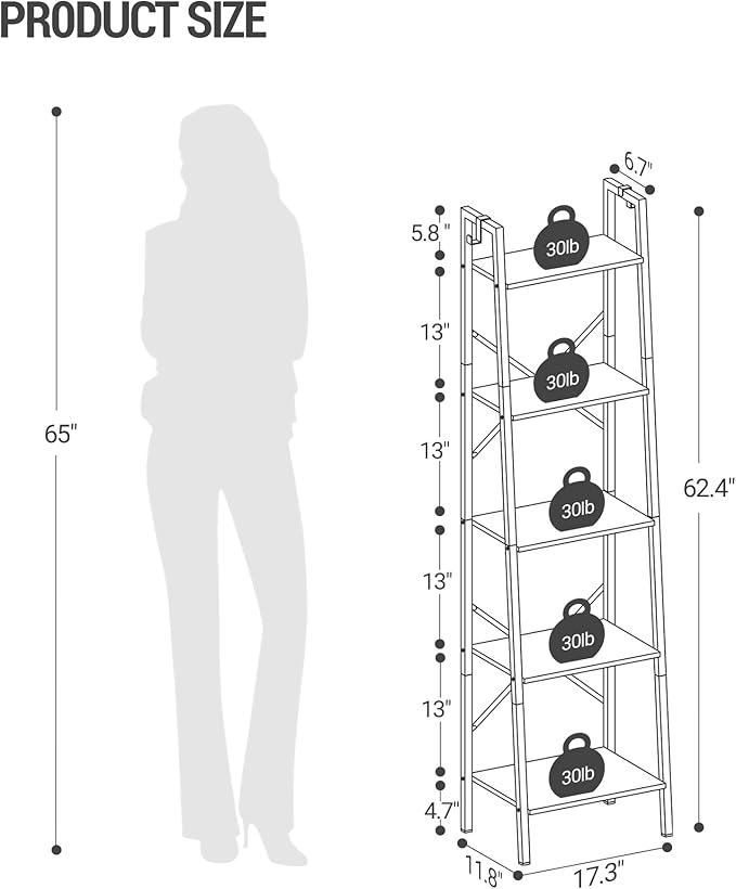 Hzuaneri Ladder Shelf, Bookshelf Bookcase, Freestanding Corner Storage Shelve with 2 Hooks for Home Office, Living Room, Kitc