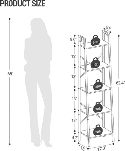Hzuaneri Ladder Shelf, Bookshelf Bookcase, Freestanding Corner Storage Shelve with 2 Hooks for Home Office, Living Room, Kitc