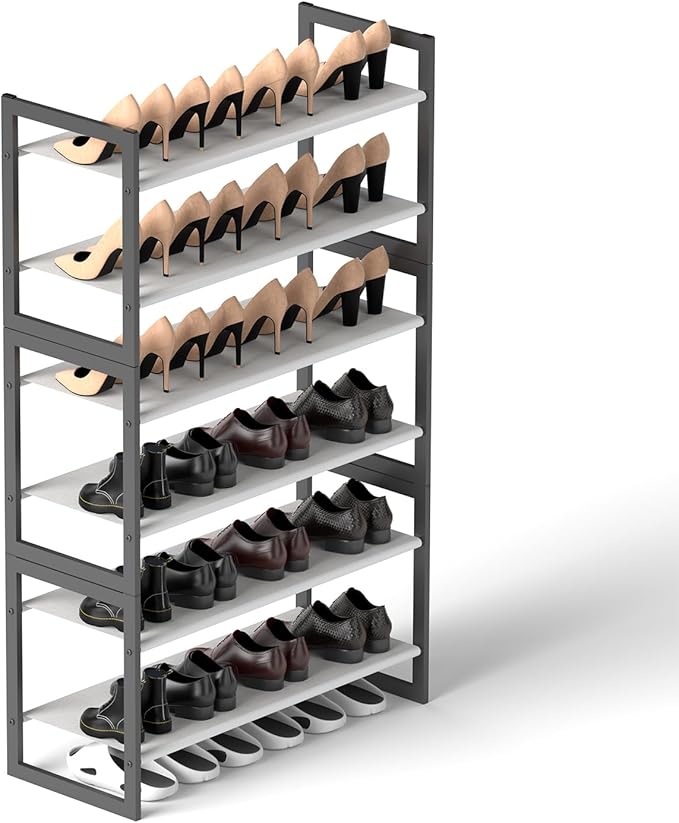 6-Tier Shoe Rack Organizer, Zero-Wobble Metal Frame with Screw-Fastened Joints, 11.8" Deep Heel-Friendly Non-Woven Shelves, S