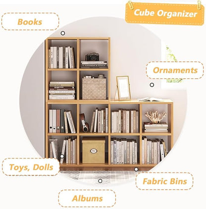 NELYE 8 Cube Organizer Bookcase - Fabric Storage Bins Container, Open Shelf Simple Compartments Bookshelf, Oak