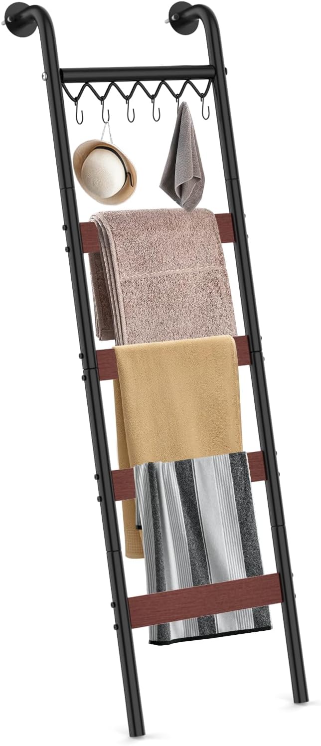 Wooden Blanket Ladder, Wall-Leaning Blanket Rack, 5 Tier Ladder Shelf, 5.6 ft Blanket Holder, Decorative Display Ladder Shelf