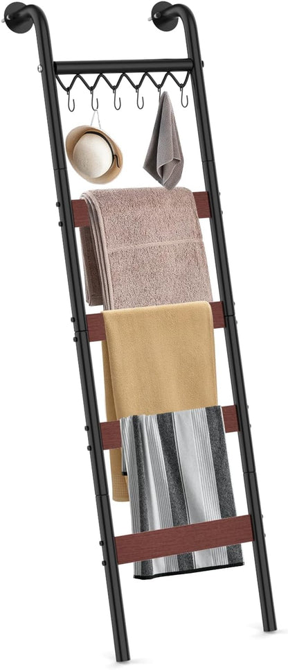 Wooden Blanket Ladder, Wall-Leaning Blanket Rack, 5 Tier Ladder Shelf, 5.6 ft Blanket Holder, Decorative Display Ladder Shelf
